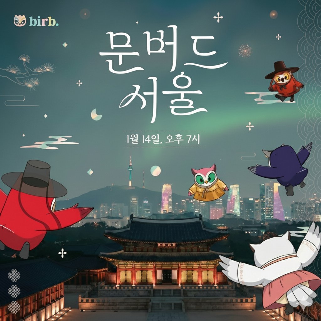 1월 14일, <a href="/moonbirds/">Moonbirds</a> 가 서울에 옵니다!

새해를 맞아 한국 커뮤니티 멤버들과 함께하는 네트워킹 이벤트를 진행하는데요.

프로 코스어들의 퍼포먼스와 다채로운 이벤트 미션, 그리고 베스트 드레서 시상 등 지루한 세션 대신 흥미롭고 재밌는 이벤트로 가득 채워진 점이 좋네요.

밋업에 빠르게