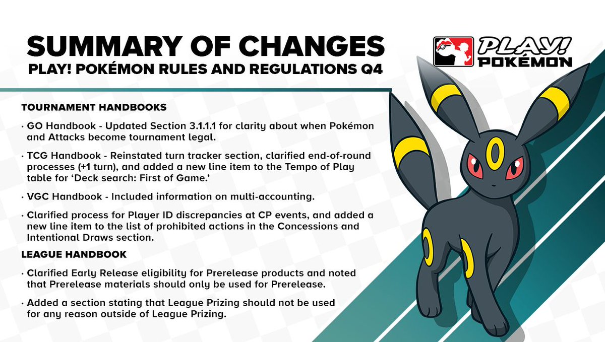 playpokemon's tweet image. Check out the summary of changes to our Play! Pokémon Rules and Regulations for Q4 of 2025 ⬇️