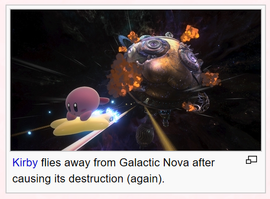Kirby flies away from Galactic Nova after causing its destruction (again).