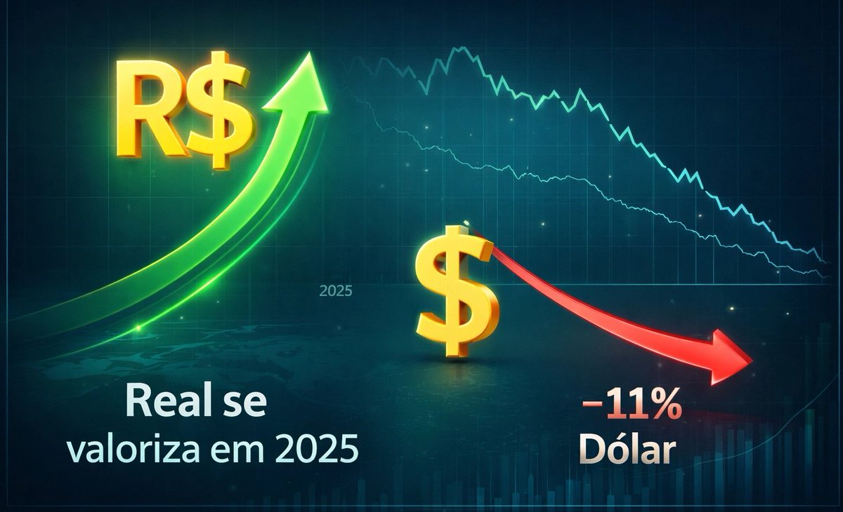 Economia do Brasil🇧🇷 apresentou resultados expressivos em 2025. Um dos  destaques foi a valorização de 11,1% do real frente ao dólar: a moeda  americana iniciou o ano cotada a R$ 6,18 e