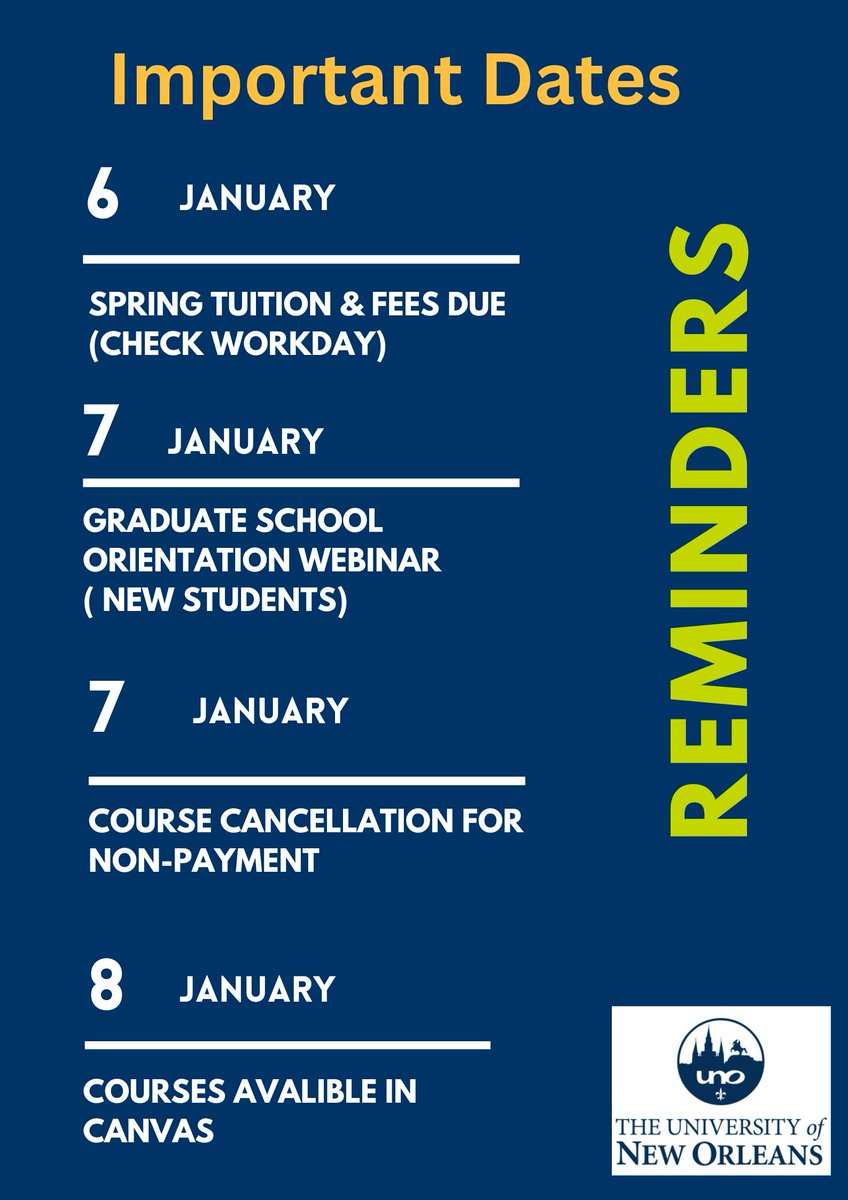 Here are some important dates coming up this Week!

Be sure to keep aware and pay attention to any upcoming dates!  

Academic Calendar: uno.edu/registrar/acad…