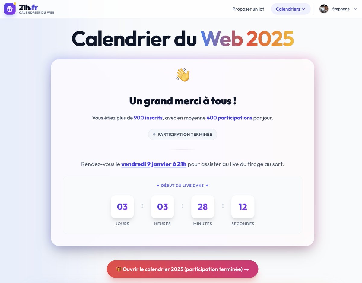 🚨🚨🚨🎤 RDV dans 3 jours, le vendredi 9 à 21h pour le live et le tirage au sort des 25 lots ! 🎁

Diffusion du live sur : 21h.fr

Un immense merci aux 900 inscrits pour votre participation, et surtout un grand merci aux sponsors ! 🙌

⚠️ Vous souhaitez venir sur