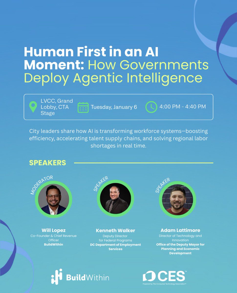 Ximenatech's tweet image. We are at #CES2026 today. Join us at the CTA stage at LVCC to hear from the @DOES_DC Deputy Director Walker, @DMPEDDC’s Adam Lattimore, and @JoinBuildWithin on why Washington, DC is a launchpad for AI innovation.