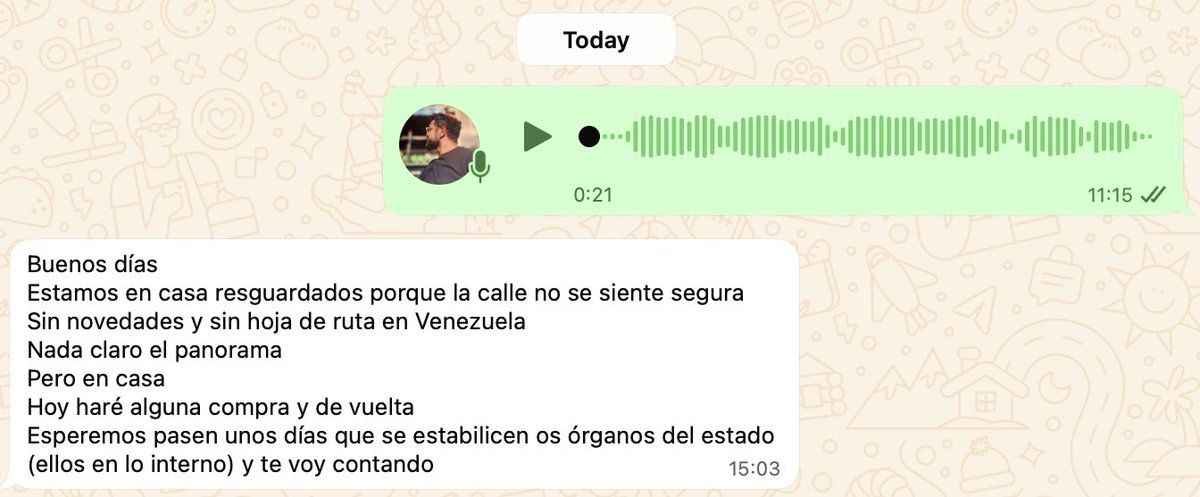 «𝗡𝗢𝗨𝗦 𝗦𝗢𝗠𝗠𝗘𝗦 𝗔̀ 𝗟𝗔 𝗠𝗔𝗜𝗦𝗢𝗡...»

Cet après-midi, en recevant des nouvelles de ma famille, je me suis dit pendant que certains théorisent le Venezuela depuis leurs certitudes idéologiques et le confort qu’offre la sécurité d’une démocratie aboutie, nos familles,