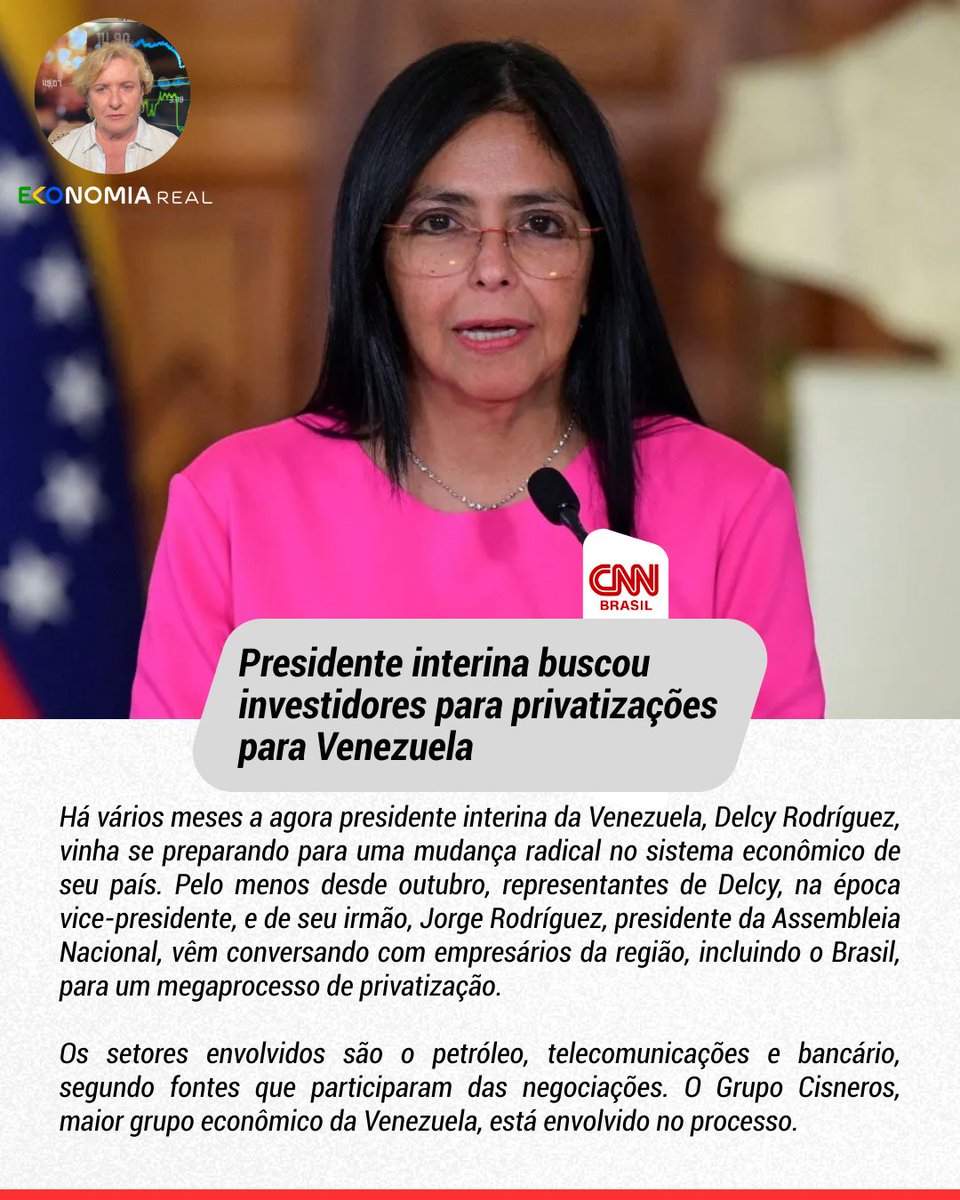 Reportagem da CNN Brasil aponta que a presidente interina da Venezuela, Delcy Rodríguez, já articulava uma mudança radical na economia do país meses antes da queda de Maduro.
