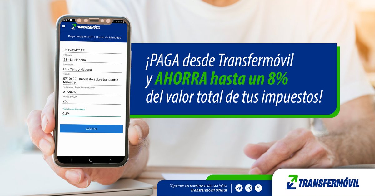 ¡Ahorra con #Transfermóvil hasta un 8️⃣% en el pago de tus impuestos! 
 
<a href="/OnatdeCuba/">ONAT de Cuba</a> en su Campaña de declaración y pago de tributos 2026 te concede:
✅ Descuento del 5️⃣% si realizas la declaración y pago antes del 28 de febrero.
✅ Desct. del 3️⃣% si pagas desde canales digitales.