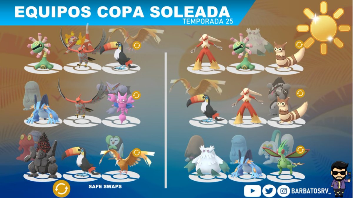 BarbatosRV's tweet photo. Equipos para Copa Soleada edición T25!
Análisis, movimientos y variantes en mi canal de YouTube:
https://t.co/zfBWqDMthi
#PokemonGO #SunshineCup #CopaSoleada https://t.co/k6UPPhJF4N