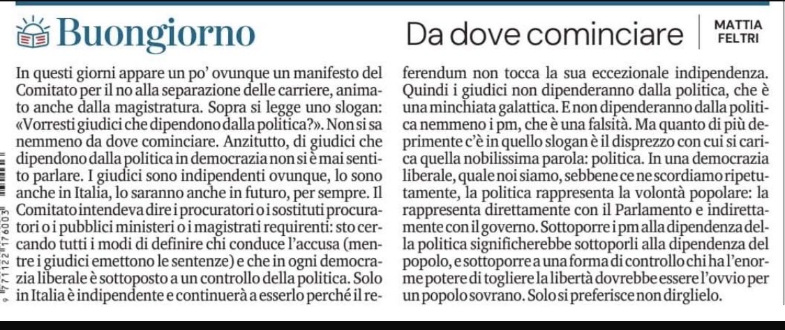 esposito18669's tweet image. La più grande bufala propinata dai sostenitori del no al #ReferendumCostituzionale su #separazione_delle_carriere é che i pm saranno sottoposti al controllo della politica. Rubo a @mattiafeltri la risposta: falso é una minchiata galattica. Per chi ha gli strumenti leggete il…