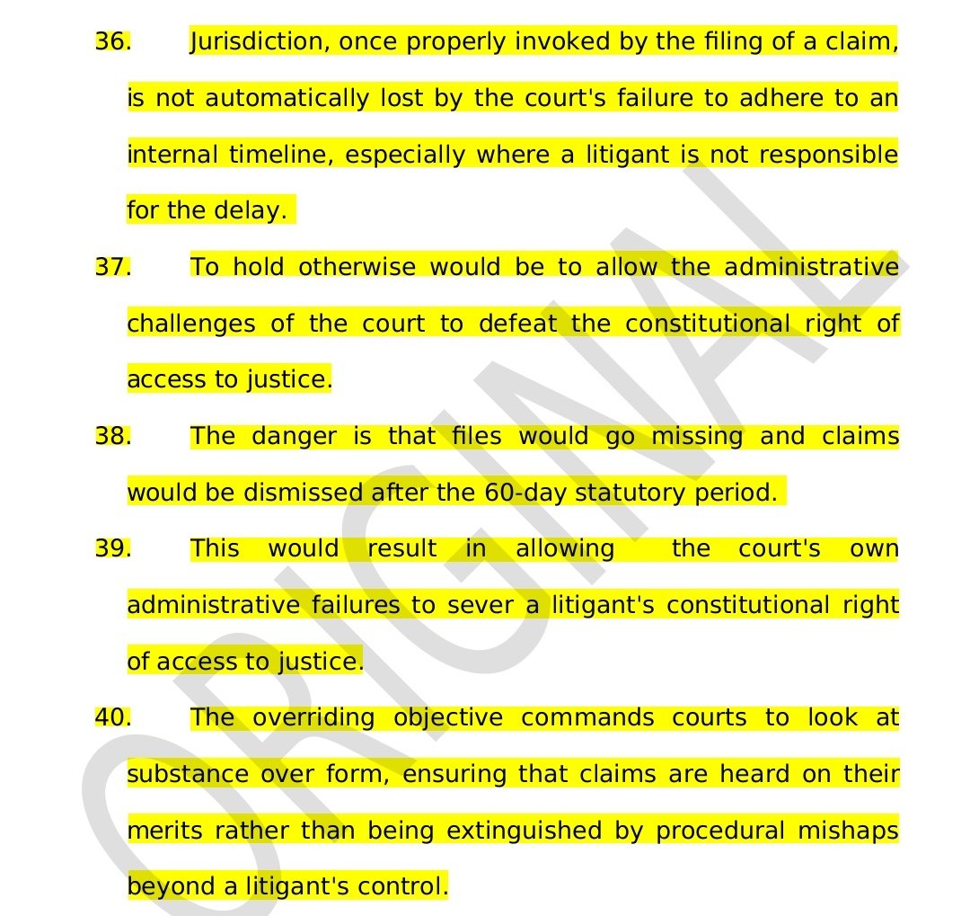 #hotoffthebench
Justice Ongeri: The 60-day time limit clause does not take away jurisdiction of Small Claims Court!
1.Timeline cannot extinguish jurisdiction when the delays are attributable to the court.
2.Administrative failures cannot extinguish the right to access Justice.