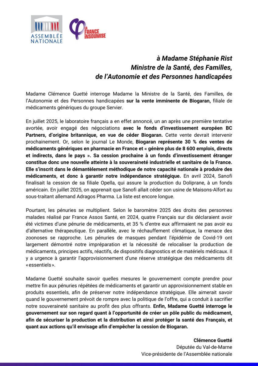 Clemence_Guette's tweet image. Le fleuron français du médicament Biogaran pourrait bientôt être vendu à un fonds d'investissement étranger.

J'ai alerté la Ministre.

Madame @stephanie_rist : répondez. C'est une question de santé publique et de souveraineté nationale.