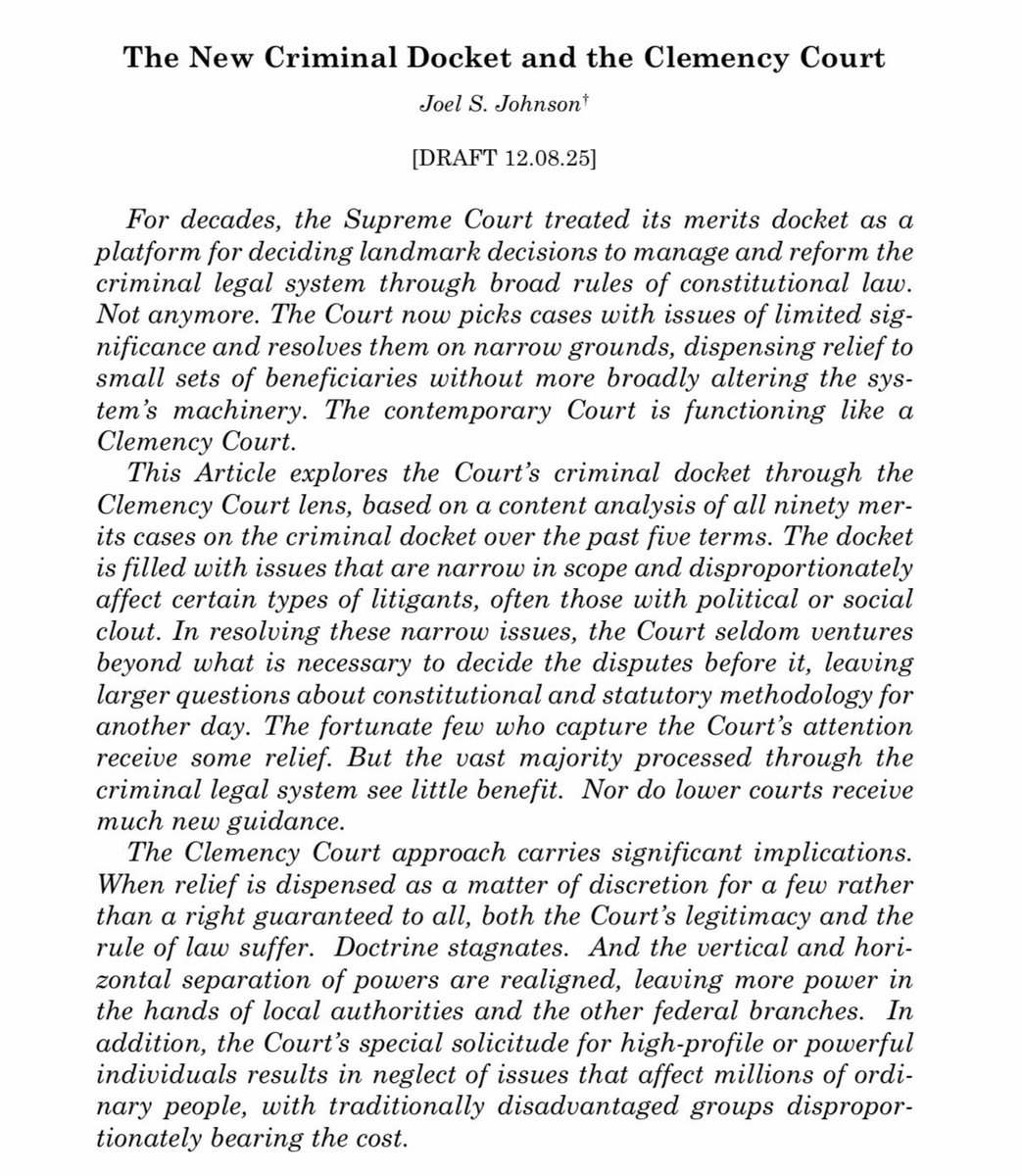 joeljohnson13's tweet photo. Later this week at #AALS, I’ll be presenting my new paper, The New Criminal Docket and the Clemency Court. The paper examines how the contemporary Supreme Court curates and resolves its criminal merits docket—and how that practice has quietly changed. 🧵 https://t.co/ptUJ85iJrB