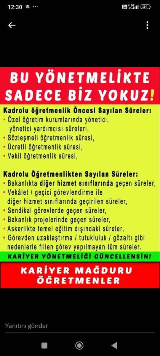 <a href="/RTErdogan/">Recep Tayyip Erdoğan</a> Sayın Cumhurbaşkanım. Sendikaclik, yöneticilik, özel'de çalışan, ucretsz izine ayrılanlar ya da başka kuruma geçici olarak görevlendirilenlerin vs süreleri sayilirken. Kendi alanında çalışanın. 657 tâbi olarak çalişan sayılmıyor. Kariyer sistemi binlerce öğretmeni mağdur ediyor