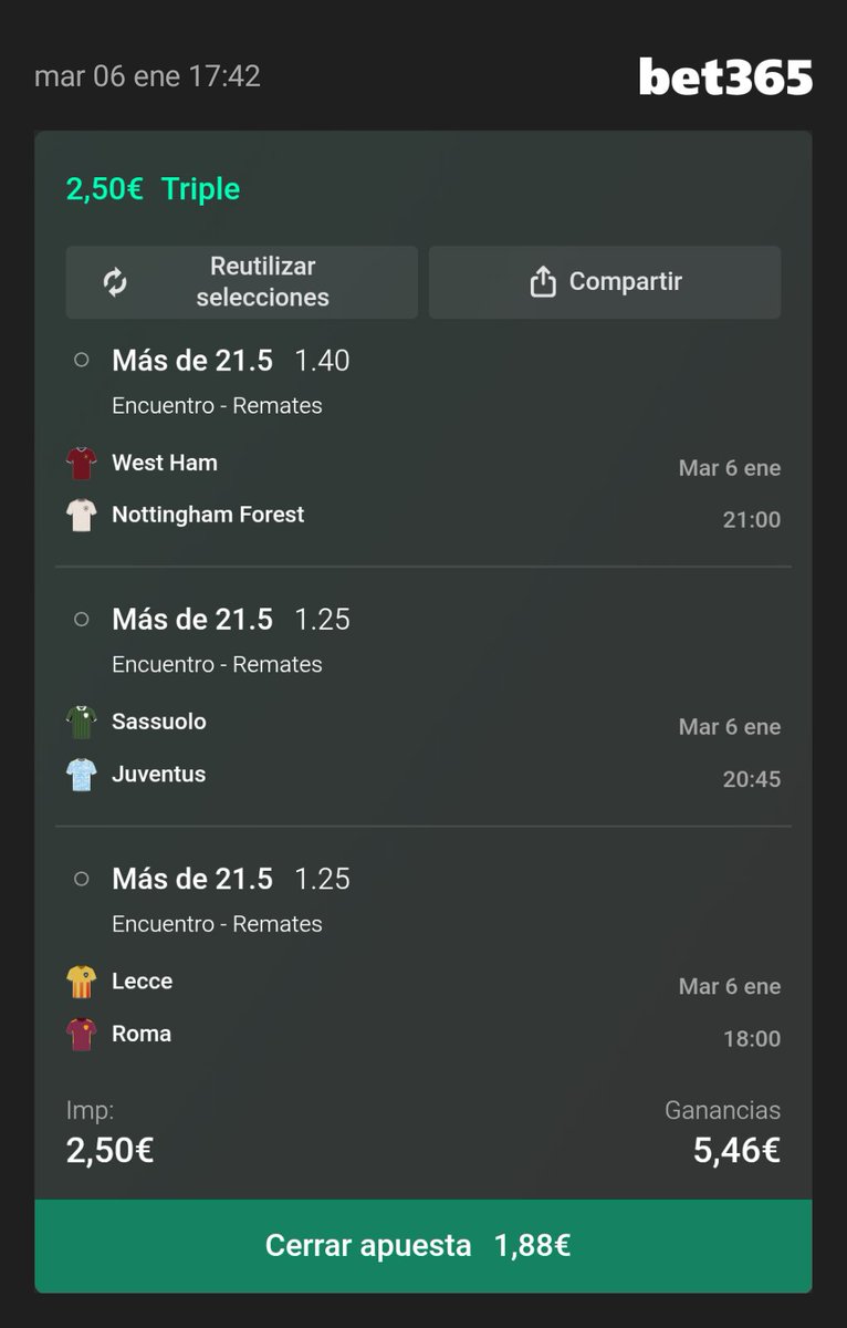 onecornertips's tweet photo. Combinada cuota 2 en remates partidos de hoy en Serie A y Premier League 🤞🏽🍀
🔞 Apuesta con responsabilidad y siendo mayor de 18 años
Añadir a su cupón de apuesta: https://t.co/Shi2GAaMM4 https://t.co/FukweDKrCx