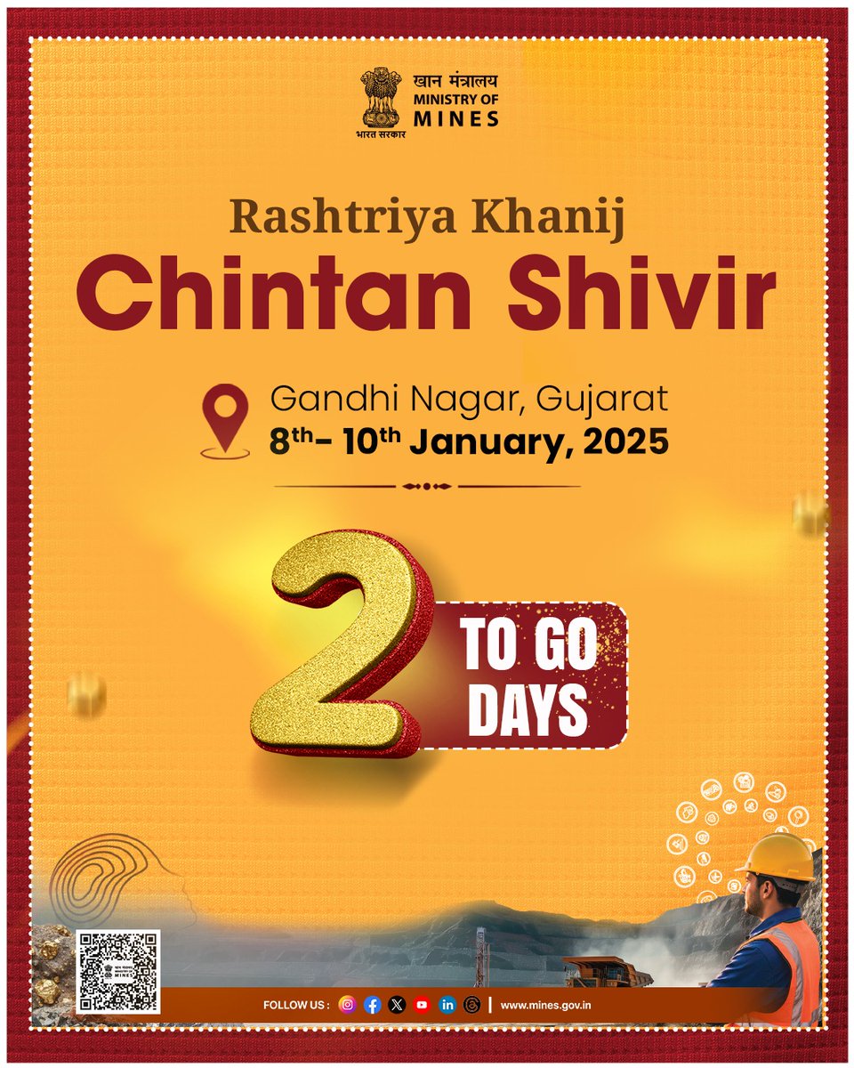 MinesMinIndia's tweet image. In just two days, Gandhi Nagar will host a gathering of minds, experiences, and perspectives — all coming together to shape new pathways for growth, innovation, and responsible resource development in the mining sector.

#ChintanShivir2026 #sustainablemining #ViksitBharat2047