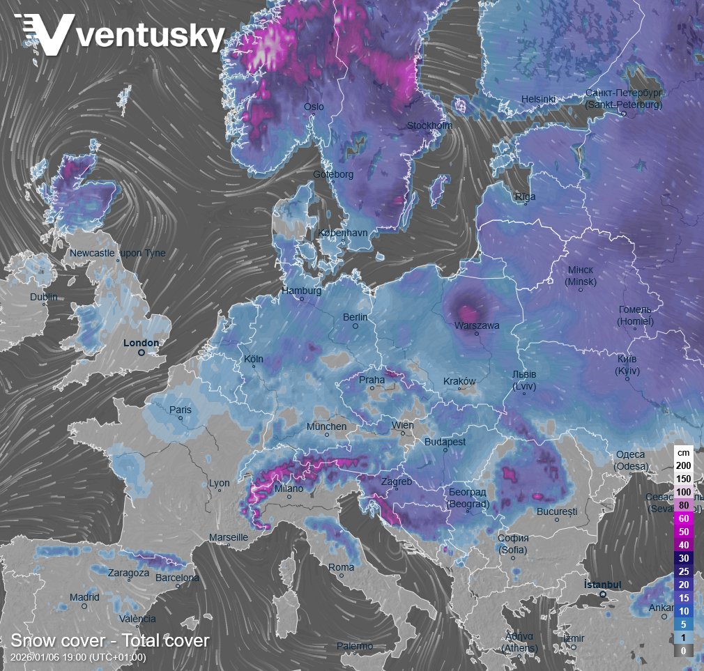 Ventuskycom's tweet image. Snow cover spans most of Europe. 🤗 The spatial extent of snow cover is the largest since January 2019. Snow has been reported, for example, in Paris as well, where more snow is expected tomorrow: ventusky.com/snow-cover-map… However, the actual snow depth—especially in eastern and…