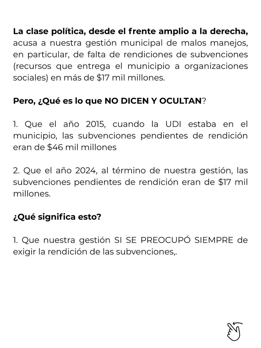 JorgeSharp's tweet image. La clase política, desde el frente amplio a la derecha, acusan a nuestra gestión municipal de malos manejos, en particular, de falta de rendiciones de subvenciones (recursos que entrega el municipio a organizaciones sociales) en más de $17 mil millones. 

Pero, ¿qué es lo que NO