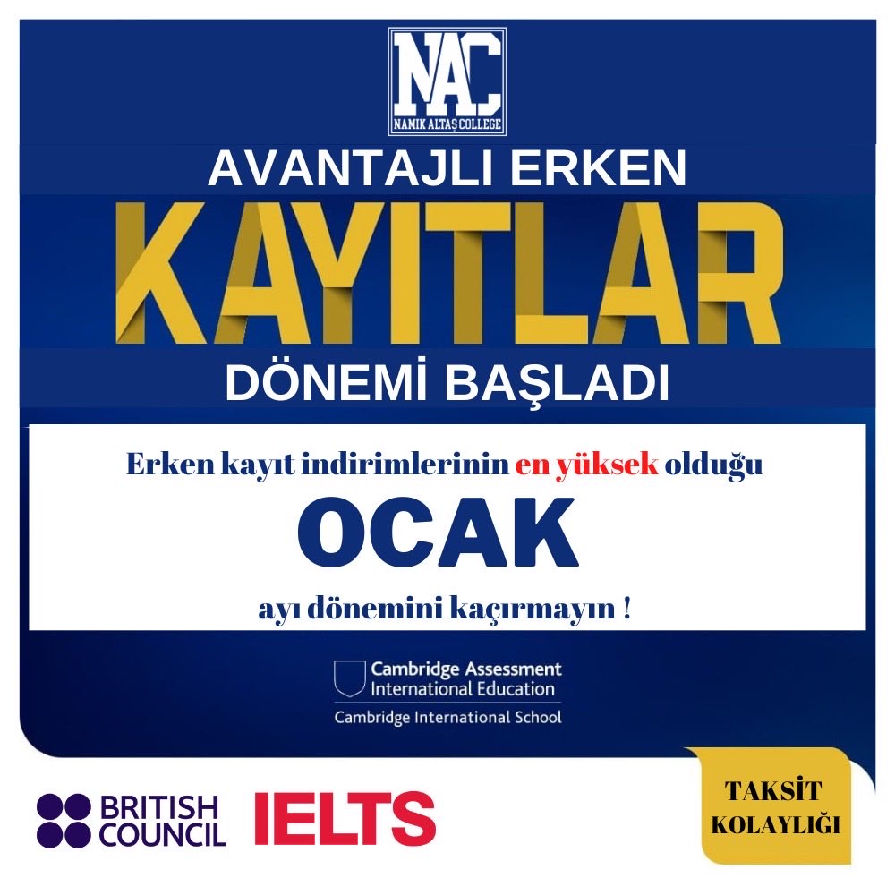 Değerli Veliler ve Sevgili Öğrenciler , 2026-2027 Ders Yılı Erken Kayıt Dönemi başlamıştır. Erken kayıt indirimlerinin en yüksek olduğu Ocak ayı indiriminden yararlanmak için okulumuzun muhasebe bölümü ile iletişime geçebilirsiniz.