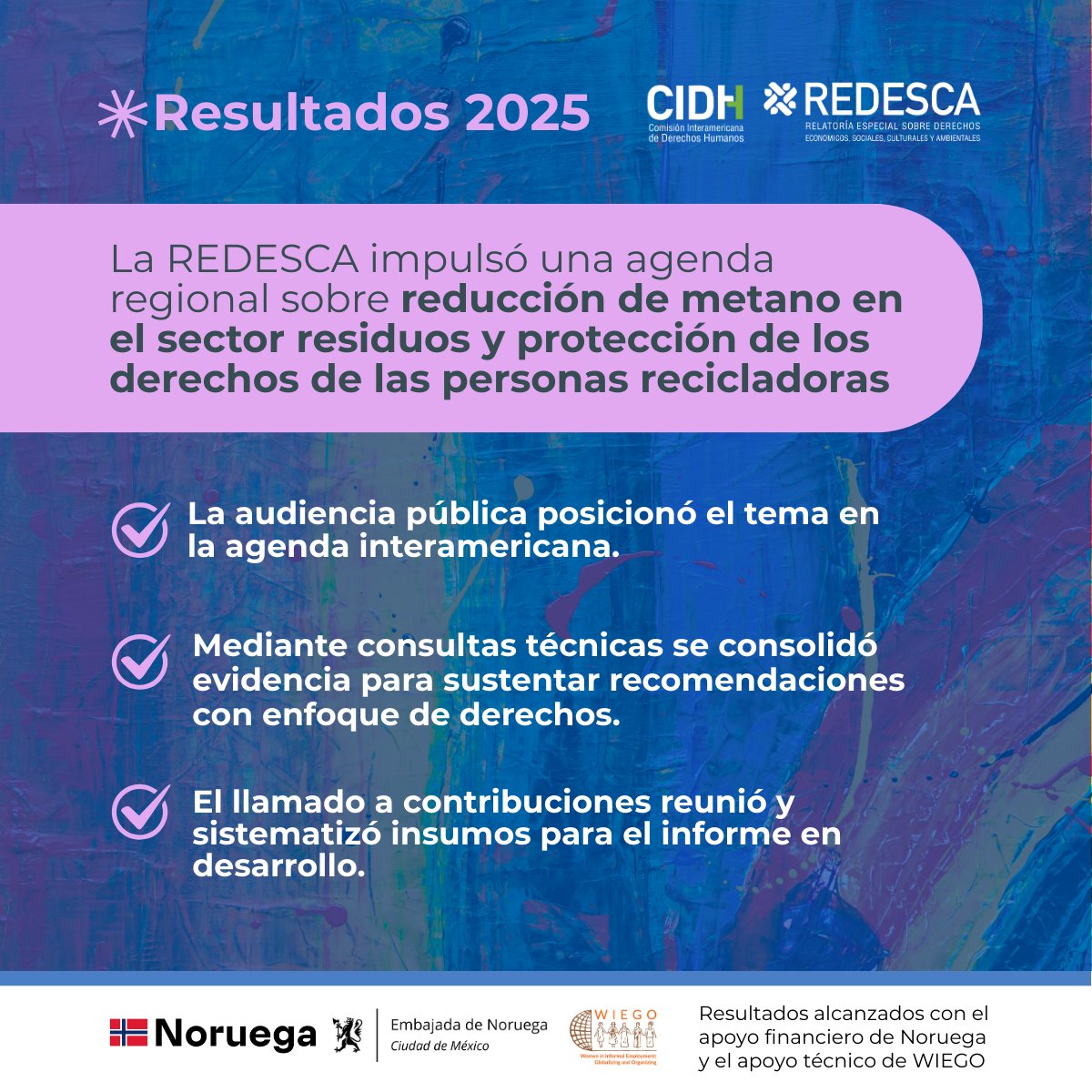 DESCA_CIDH's tweet image. ♻️🌎 #resultadosredesca 2025 | REDESCA – CIDH
La #REDESCA impulsó una agenda regional para la reducción de #metano en el sector residuos, colocando en el centro la protección de los derechos de las #personasrecicladoras.
✔️ El tema fue posicionado en la agenda interamericana
✔️…