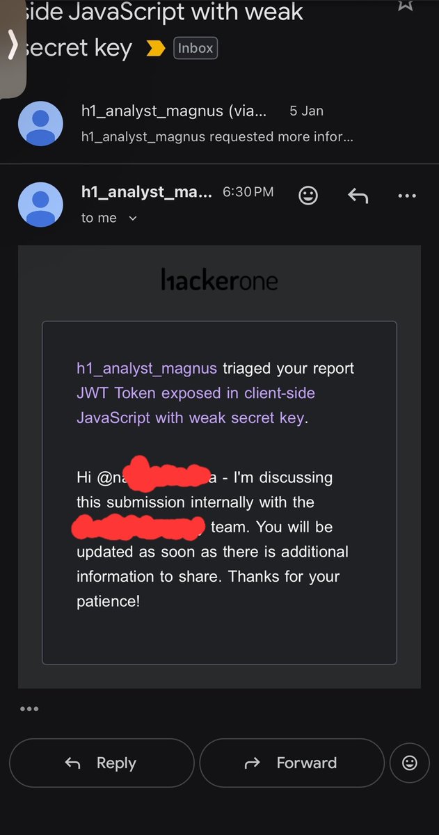 🚨 REAL BUG BOUNTY RESULT 🚨

💥 JWT token exposed in client-side JavaScript  
💥 Weak secret key  
✅ Report triaged on HackerOne

Found using **Secret Hunter** 🛠️  
No theory. No fake hype. Just real impact.

Join the hunters 👇  
👉 t.me/kassems94

#BugBounty
