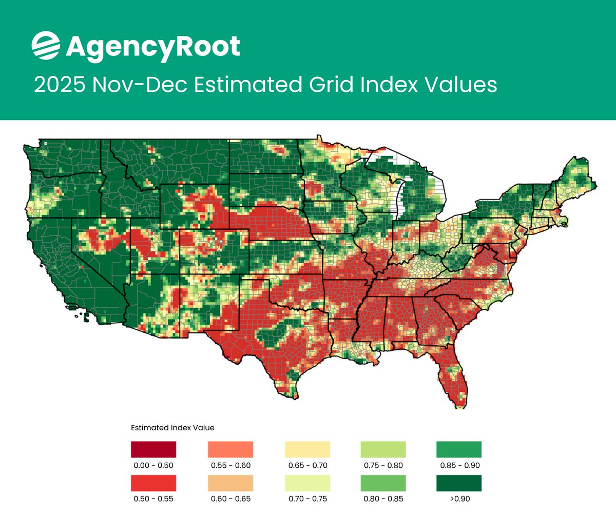 agencyroot's tweet photo. 🌞Estimated Rainfall Index Map

Est Nov-Dec 2025 Interval map is below showing all areas that estimate payments.

🔴🟠= $ at lower coverage levels ☀️
🟡= $ at higher coverage levels 🌦️
🟢= $ at highest coverage levels ⛈️
Darkest Green =❌$

#AgencyRoot #CropInsuranceSmarter https://t.co/ralH2eetvk