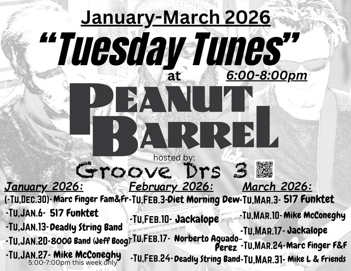 Round up your crew and head to EL!
Tuesday nights mean half off draft pints from 7PM–close and live music from 6pm-8pm at The Peanut Barrel. See you here!