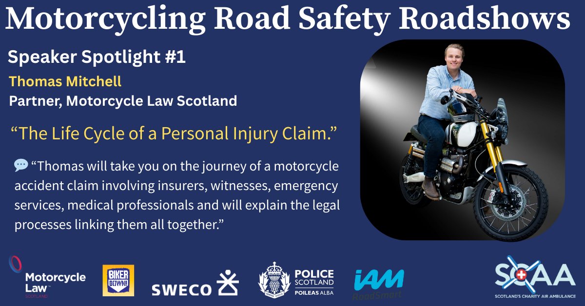 law_scotland's tweet image. 🔦 Speaker Spotlight #1
Meet Thomas Mitchell speaking at our Motorcycle Road Safety Roadshows 2026.
🎤 The Life Cycle of a Personal Injury Claim
A clear, practical look at what really happens after a motorcycling collision.
👉 Book now: ow.ly/Kmq650XSxYs
