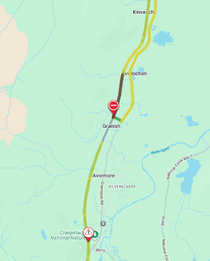 trafficscotland's tweet photo. ❗️UPDATE ⌚️16:55

🗺️#A9 Aviemore

🛣️The #A9 has REOPENED SOUTHBOUND following an earlier road traffic incident.

⛔️The carriageway remains CLOSED NORTHBOUND currently.

Drivers should continue to use diversion in place northbound https://t.co/9KznExKOnA

📣Updates to follow https://t.co/3wpbHvRn39