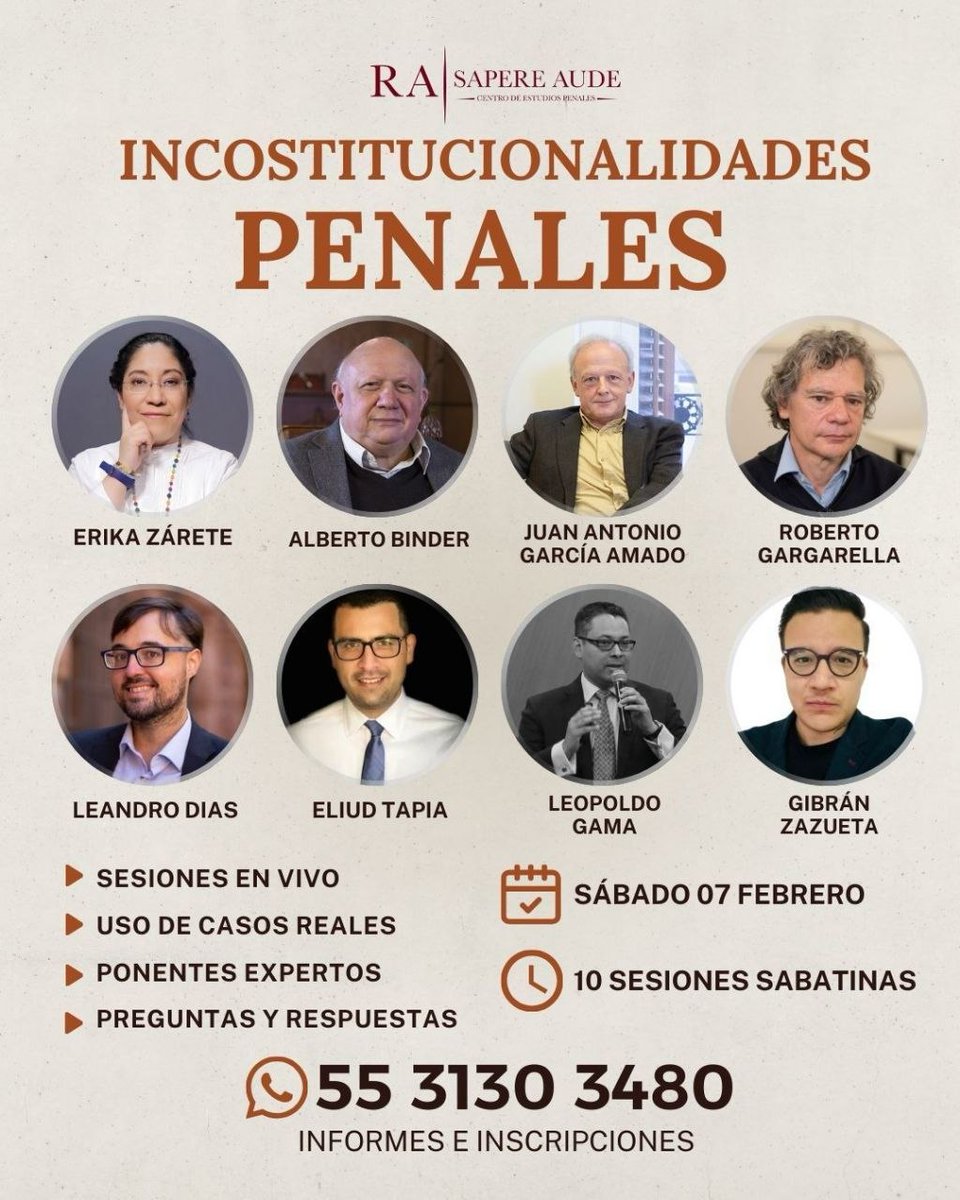 SapereAude_RA's tweet image. Te invitamos a que te inscribas al Curso internacional sobre Inconstitucionalidades Penales, que se llevará a cabo vía online con expertos de todo el mundo.
Iniciamos en febrero 7, no te quedes fuera y aprende de los mejores! 
Informes al 5531303480.