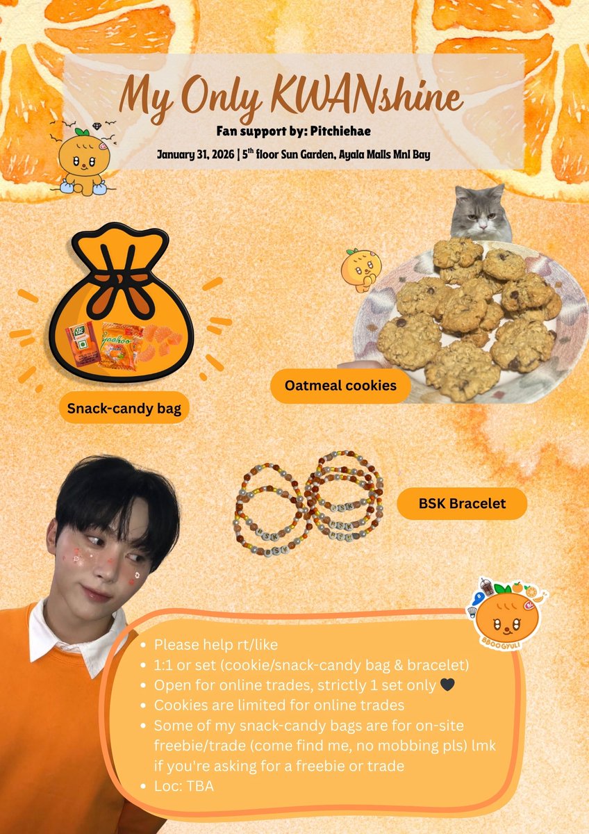 ˙✧˖°🍊 ༘ ⋆｡˚‧
My Only KWAN shine by <a href="/BooSeungkwanPH/">Boosadan PH | 📌 #MyOnlyKWANshine</a> 
    ⤷fan support by <a href="/pitchiehae/">Pitchie 🪽</a>

✧ trades - set only (cookie/snack-candy bag + bracelet) 
✧ Strictly 1 set only
✧ For freebies, pls approach me nicely
✧ Loc: TBA
 
Google form: forms.gle/jeRCgysA6dgnv1…

#MyOnlyKWANshine