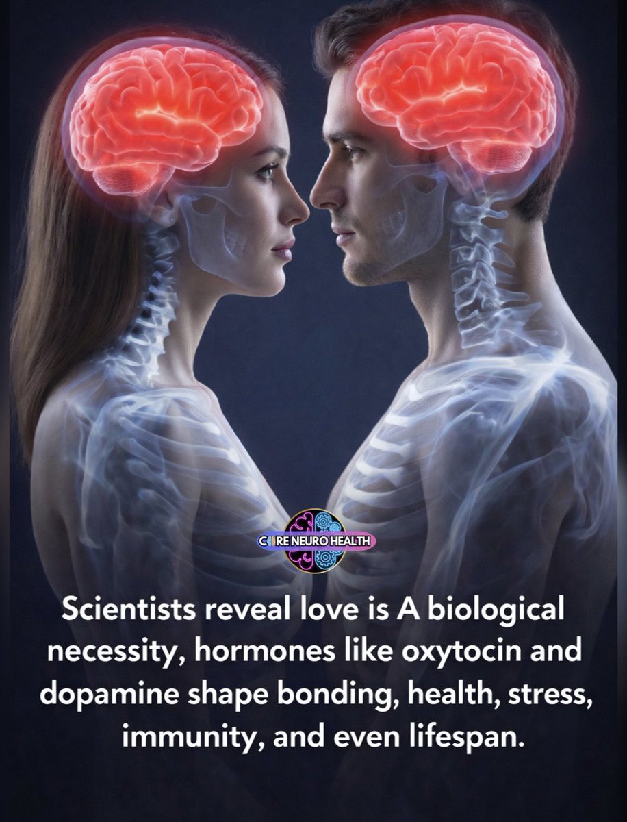 CoreNeuroHealth's tweet image. ❤️🧠 SCIENTISTS REVEAL LOVE IS A BIOLOGICAL NECESSITY — NOT JUST AN EMOTION

Love isn’t only poetic or psychological.
It’s deeply biological.

Research shows that human connection activates powerful hormones like oxytocin and dopamine, which shape
• increased risk of heart