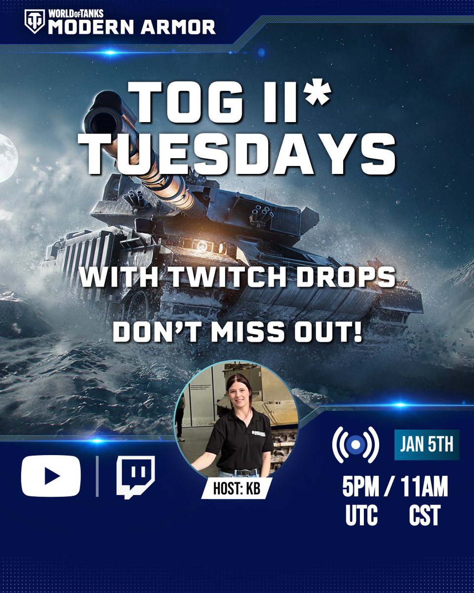 WoTModernArmor's tweet photo. 🚀 Kick off 2026 with our FIRST stream of the year!
Join KB as she jumps straight back into the action for Tog Tuesdays! 🎮🔥

📺 https://t.co/XZoEP69PBU
🎥 https://t.co/31CKKmQt9o

#WoTMA #WoTConsole #Icebound #TOGTuesdays https://t.co/uZS8MtudQM