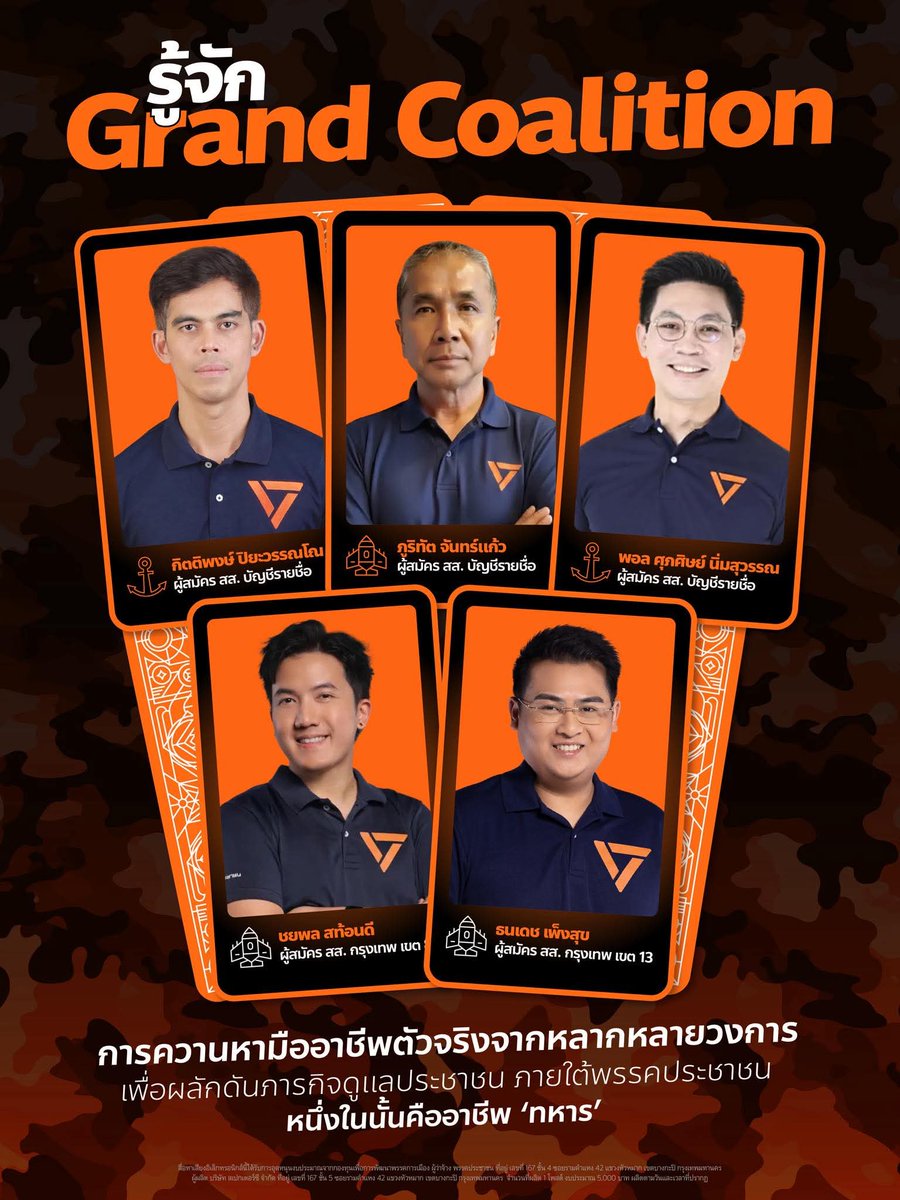 พรรคประชาชนเปิด 5 อดีตนายทหารลงเลือกตั้งสีส้ม 69  "Grand Coalition" ชี้นี่คิอการรวมตัวมืออ่ชีพจากทุกวงการ มีทั้งพลอากาศเอก, นาวาโท และอดีตนาวิกโยธินสหรัฐ

"การมีแนวร่วมเป็นอดีตนายทหาร อดีตนายตำรวจ อดีตนักวิชาการ อดีตนักธุรกิจ ฯลฯ เรียกได้ว่า