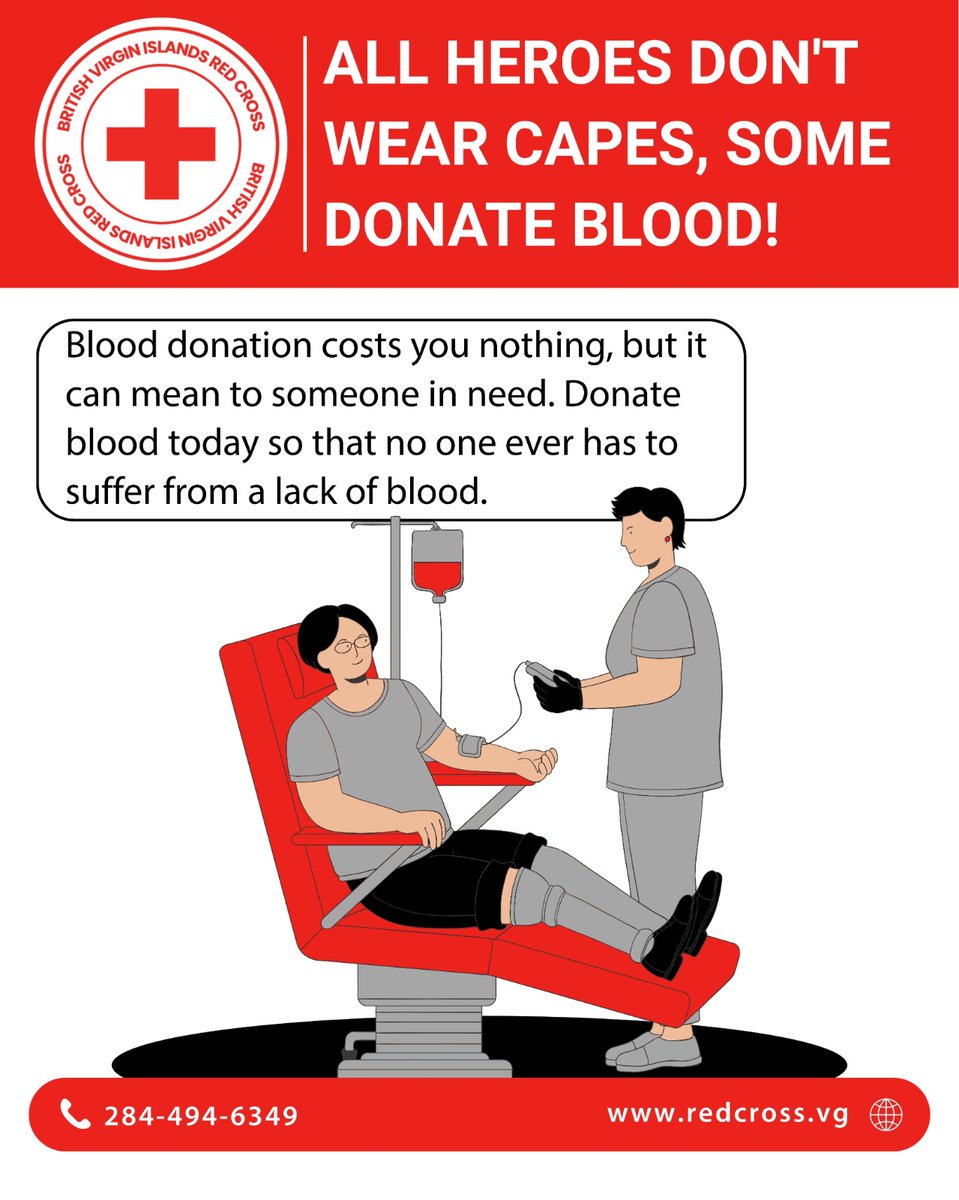 bviredcross's tweet image. Not all heroes wear capes—some donate blood! 🩸 Your small act of kindness can mean a lifetime to someone else. Join the mission with British Virgin Islands Red Cross. 🛡️❤️

#BloodDonation#RedCross  #BVI