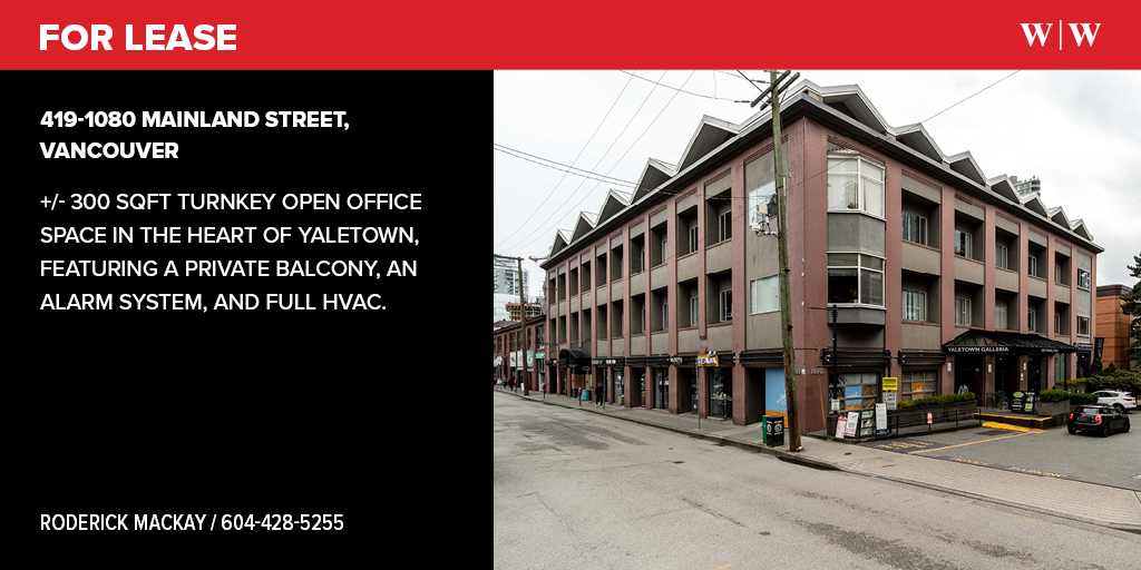 For Lease: 419-1080 Mainland Street, Vancouver | ± 300 SQFT turnkey office space located right in the heart of Yaletown. This open office unit features a private balcony, an alarm system, and full HVAC. Agent: Roderick MacKay. 🔗 williamwright.ca/properties/419…

#WilliamWrightCommercial