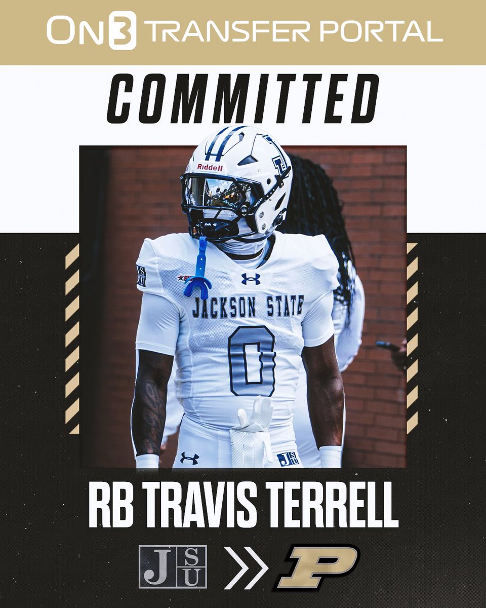 TransferPortal's tweet image. Jackson State RB Travis Terrell has committed to Purdue, his reps @thebizofathlete tell @PeteNakos 

Has 2,368 all-purpose yards and 11 touchdowns in 22 career games.

on3.com/transfer-porta…