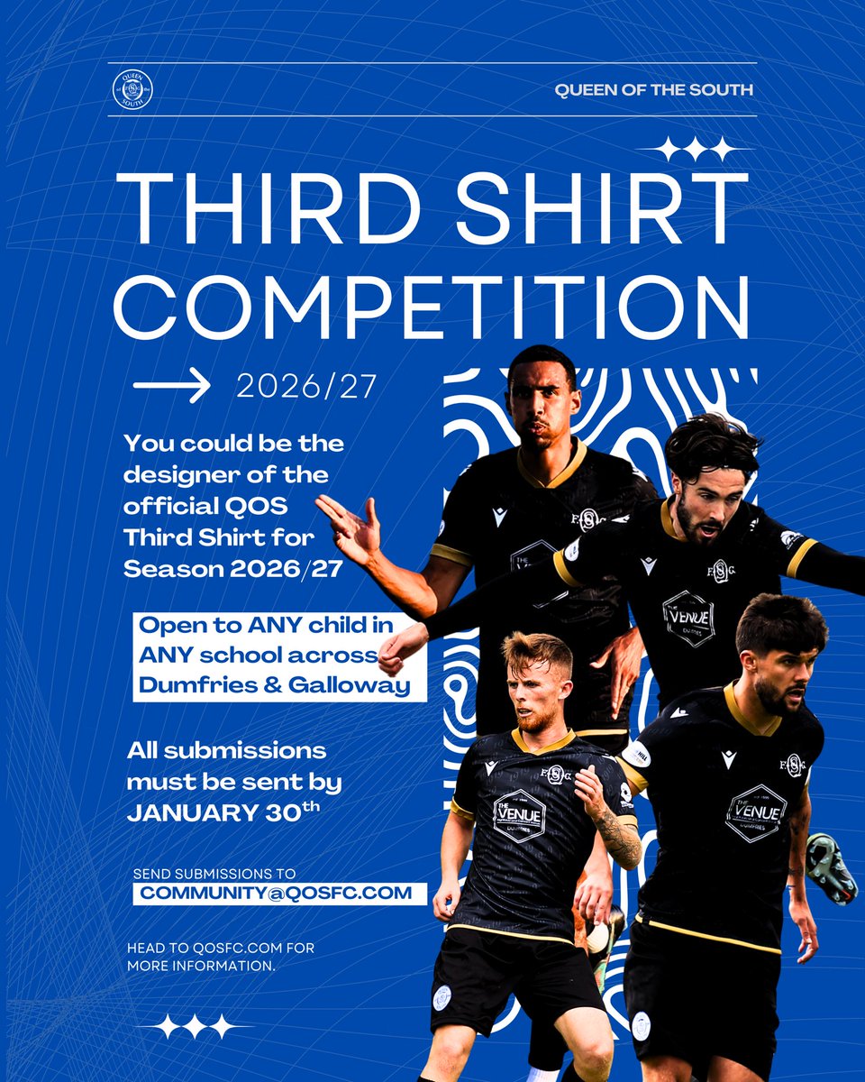 🎨⚽ DESIGN THE OFFICIAL QUEEN OF THE SOUTH THIRD SHIRT! ⚽🎨

Queen of the South Football Club is once again excited to launch our competition for children across all schools in Dumfries and Galloway!

In partnership with the Queen of the South Community Trust, we’re inviting