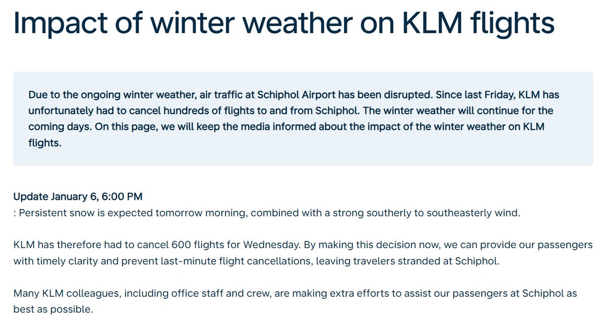 KLM just announced that they have cancelled 600 flights on Wednesday. https://t.co/rWozYsR3kq