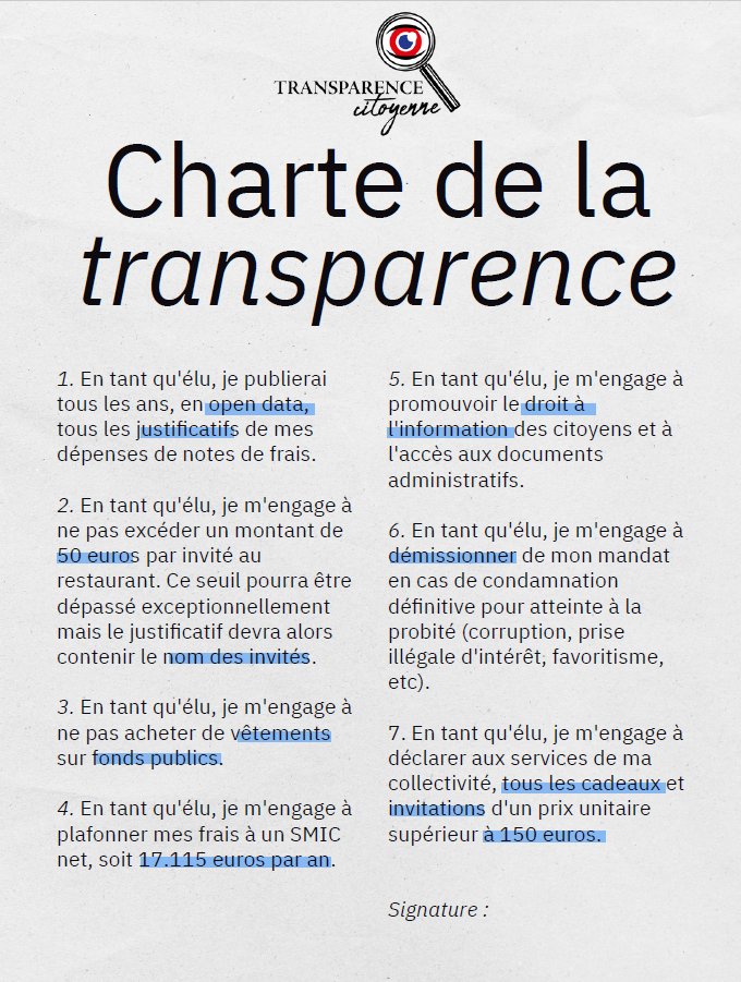 TransparenceCit's tweet image. Cette charte s'articule autour de 7 engagements que nous avons rédigé en fonction des abus identifiés lors de notre analyse globale des notes de frais. 

Le respect de cette charte fera l'objet d'un contrôle annuel afin d'éviter que les élus prennent cet engagement à la légère.