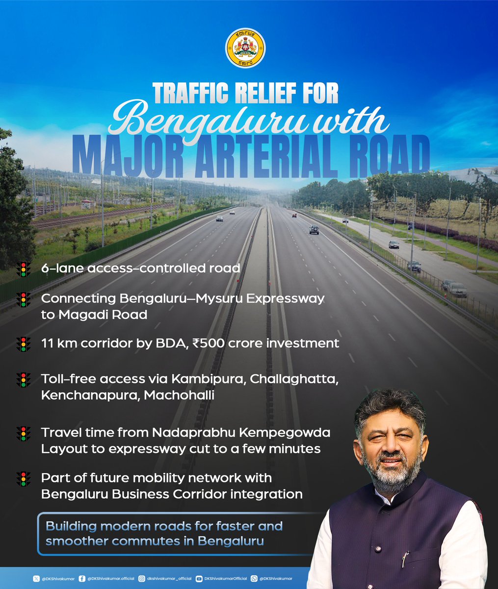 A New Arterial Lifeline for Namma Bengaluru!

Built to ease congestion and improve connectivity across Bengaluru, the Major Arterial Road linking Magadi Road with the Bengaluru-Mysuru Expressway stands as a key infrastructure investment with 90 percent of the work already