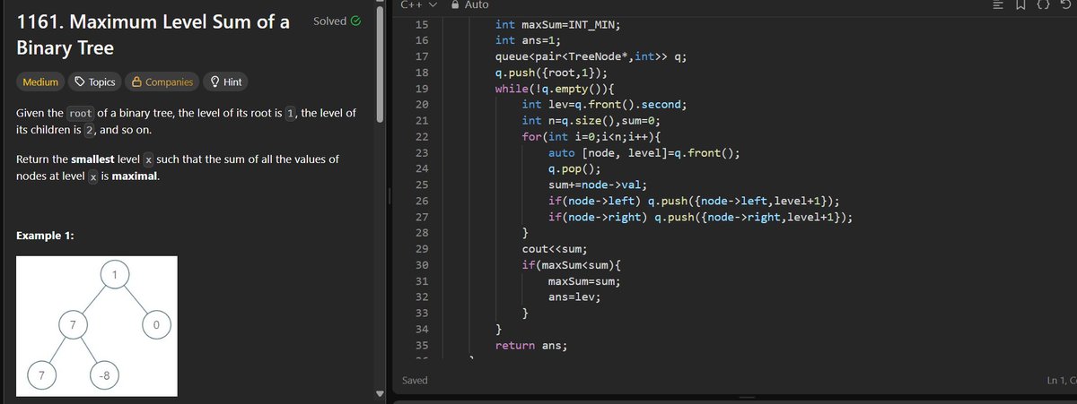 diwa810's tweet photo. Day 137 of #100DaysOdCode solved #potd on #leetcode &amp; #GFG
1- do bfs &amp; store sum of each level, return the max sum's level
2- use sliding window  get xor of 1st K ele and then for remaining new xor^=[arr[i-k]^arr[i] return the max xor
#coding #CodingJourney #algorithm #dsa https://t.co/kJp30wt9yM