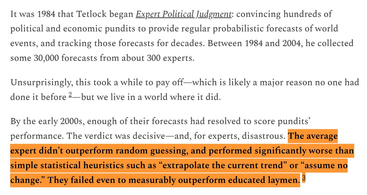 zagrebbi's tweet image. I think most of you haven’t internalized how devastating Philip Tetlock’s results were in the early 2000s: on average, subject-matter experts didn’t beat random guessing—and did worse than simple heuristics.
If this isn't part of your worldview, you're ngmi