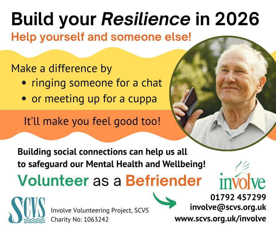 SwanseaCVS's tweet photo. What has 2026 got in store⁉️
Build your own #resilience and help others at the same time – Become a Befriender, Mentor or Independent visitor! 
Social connections can help us to maintain and protect our #mentalhealth and #wellbeing. 
Get in touch: https://t.co/KVhzM07I9u https://t.co/4J6hvQuX6L