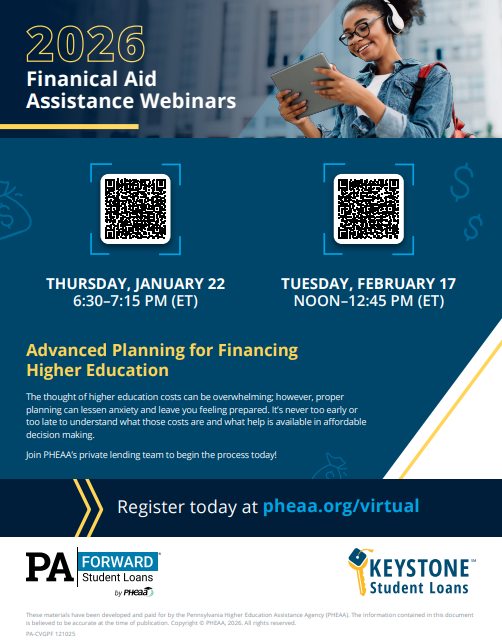 PHEAA’s upcoming January and February Financial Aid Literacy Webinars.
