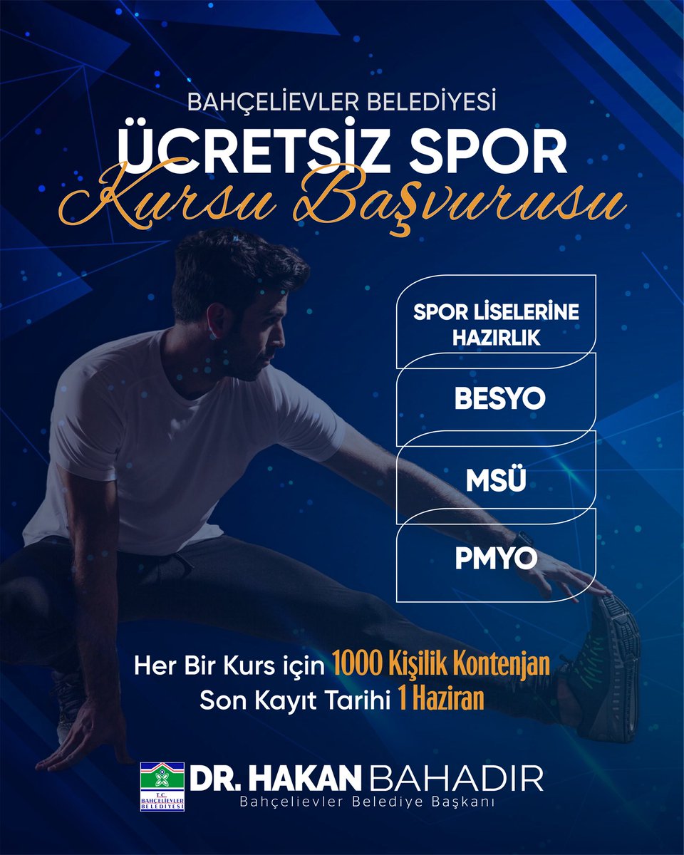 BahcelievlerBel's tweet photo. 🏃‍♂️Geleceğin sporcularını birlikte yetiştiriyoruz!

Bahçelievler’de komşularımızın hayallerine destek olmaya devam ediyoruz.
Ücretsiz Spor Kurslarımızla;
🏫 Spor Liselerine Hazırlık,
🎓 BESYO,
🎖️ MSÜ ve
👮‍♂️ PMYO sınavlarına hazırlanan gençlerimizi profesyonel antrenörlerimizle buluşturuyoruz.

👥 Her bir kurs için 1000 kişilik kontenjan
🗓️ Son kayıt tarihi: 1 Haziran
🔗https://t.co/ZxmzRJTuuL

Güçlü bir gelecek için sporu, disiplini ve azmi birlikte büyütüyoruz.
Tüm komşularımızı bu büyük fırsata davet ediyoruz! 🌟

#Bahçelievler #ÜcretsizSpor #Gençlik #drhakanbahadır