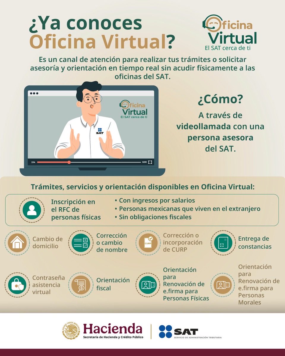 Conoce los trámites y servicios disponibles en Oficina Virtual y recibe orientación en línea a través de una videollamada. 

Registra tu cita en citas.sat.gob.mx