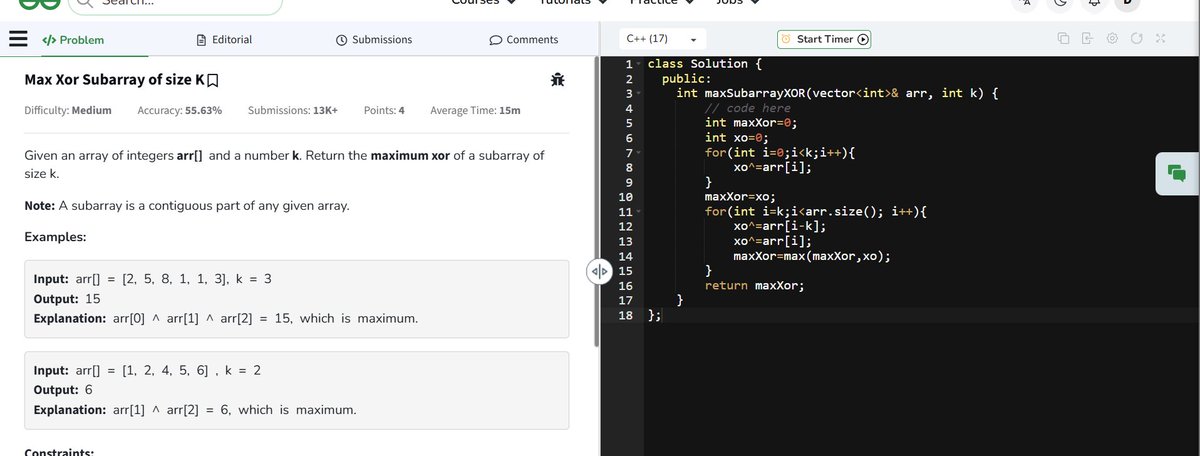 diwa810's tweet photo. Day 137 of #100DaysOdCode solved #potd on #leetcode &amp; #GFG
1- do bfs &amp; store sum of each level, return the max sum's level
2- use sliding window  get xor of 1st K ele and then for remaining new xor^=[arr[i-k]^arr[i] return the max xor
#coding #CodingJourney #algorithm #dsa https://t.co/kJp30wt9yM