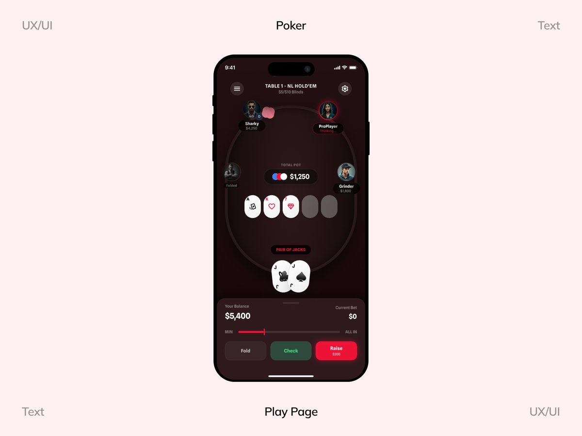 pxluix's tweet photo. A modern Texas Hold’em poker UI focused on clarity and flow, featuring real-time player status, clear pot visibility and intuitive betting actions for seamless gaming experience
#uiux #poker #gambling #app #appdesign #casino #onlinegaming #SaaS #productdesign #opentowork #hireme https://t.co/6TH6Vnxluo