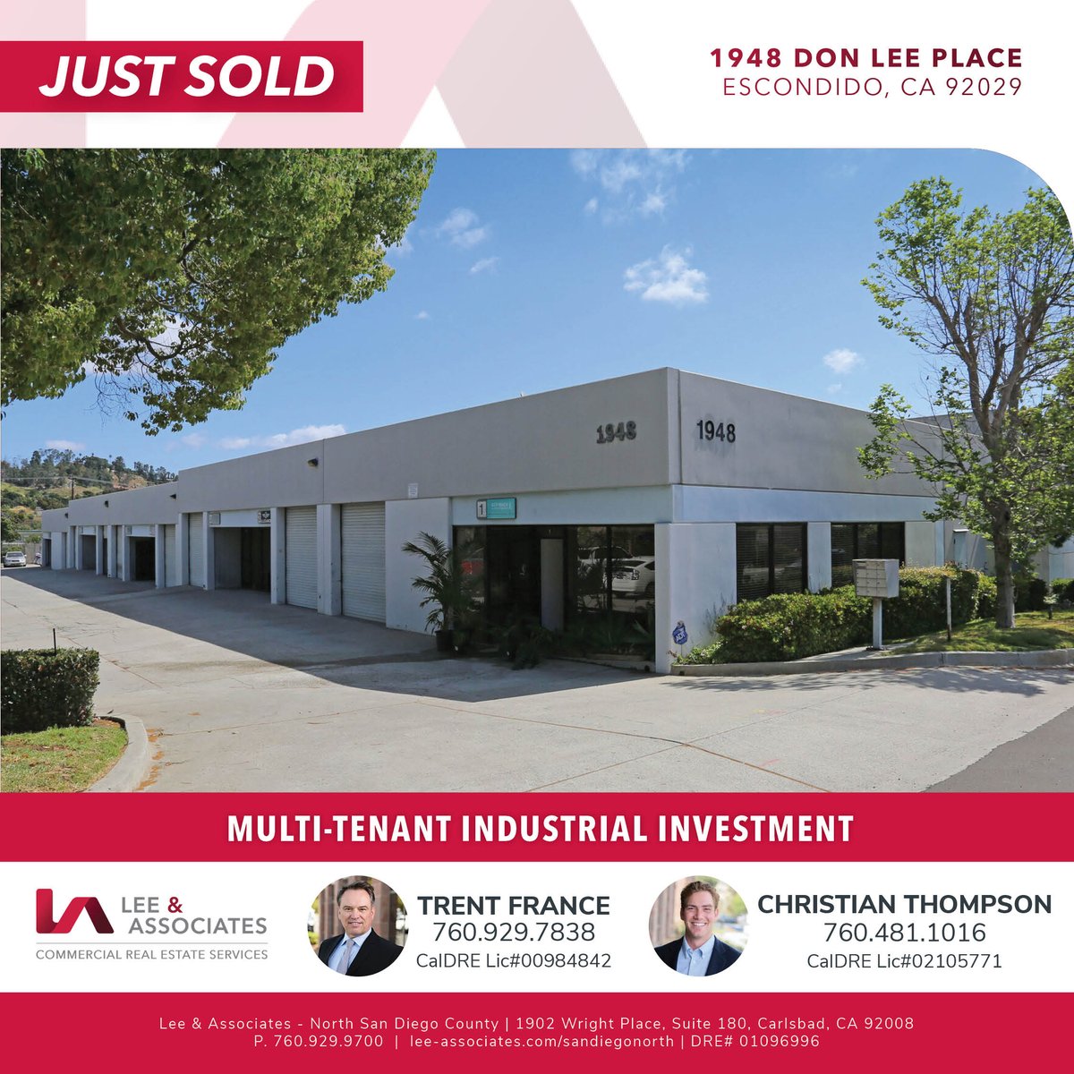 Just Sold | 1948 Don Lee Place, Escondido
This property is 100% leased and strategically located just off Highway 78 with immediate access to I-15. Congratulations to Trent France and Christian Thompson for starting off the new year strong. #LeeNSDC #LeeAssociatesNorthSD