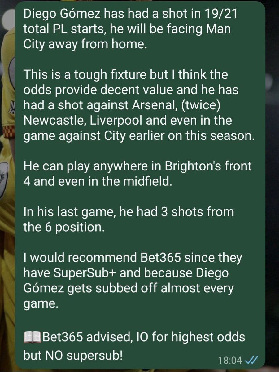 BetsConStats's tweet image. Premier League 7/1/2026
Value opportunity?

Averges 2.61 shots per 90.

Diego Gómez vs Manchester City
&amp;gt; 0.5 shots (1.44 on Bet365)

Check second photo for the full explanation, all stats by @StatsHubCom!