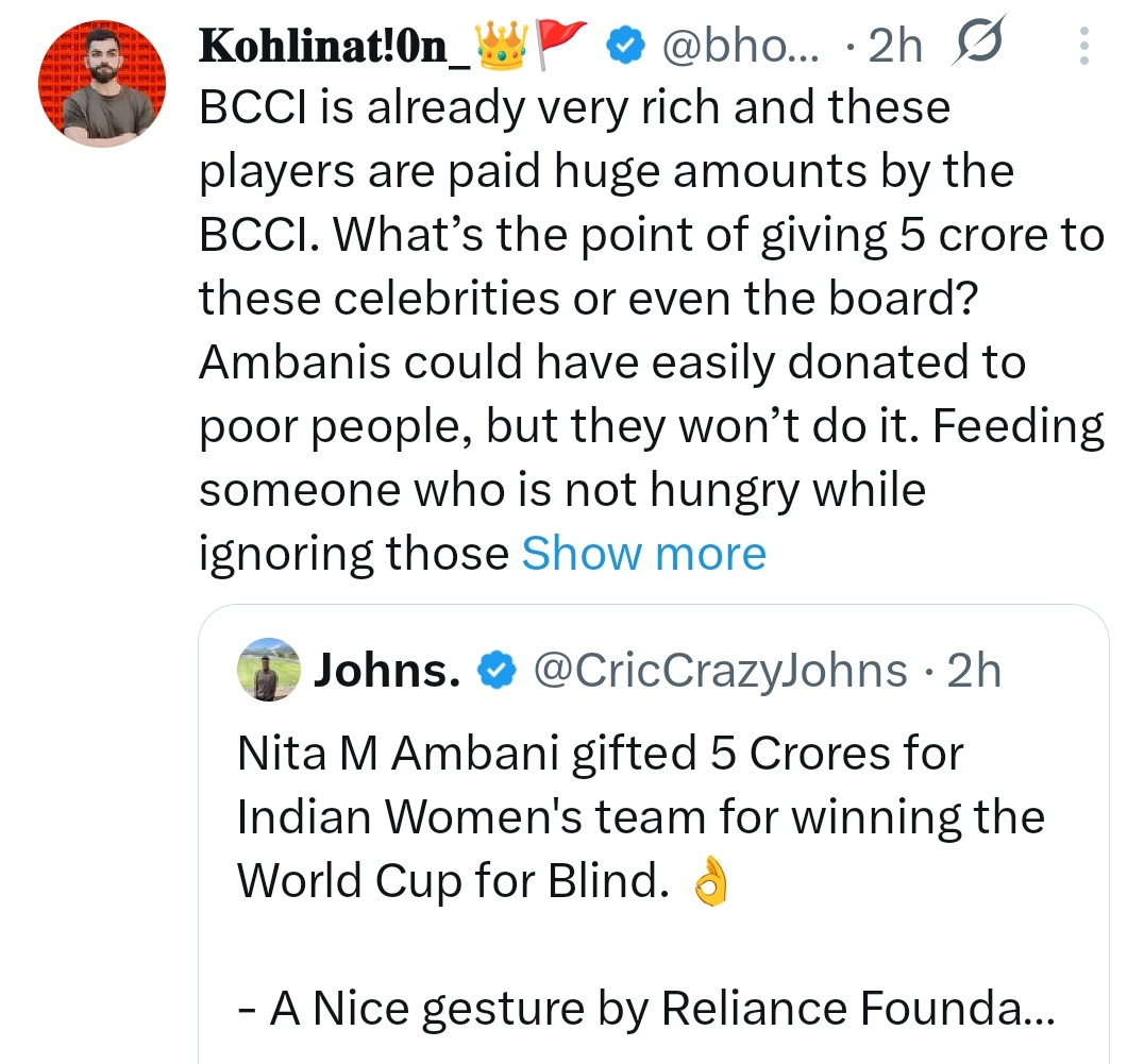 Apologies for this tweet.🙏

My mistake I didn’t read the caption properly. They donated to the blind cricket team, which I mistakenly assumed was our normal cricket team who are already very rich. My intention was never to hurt or disrespect any special player. These players